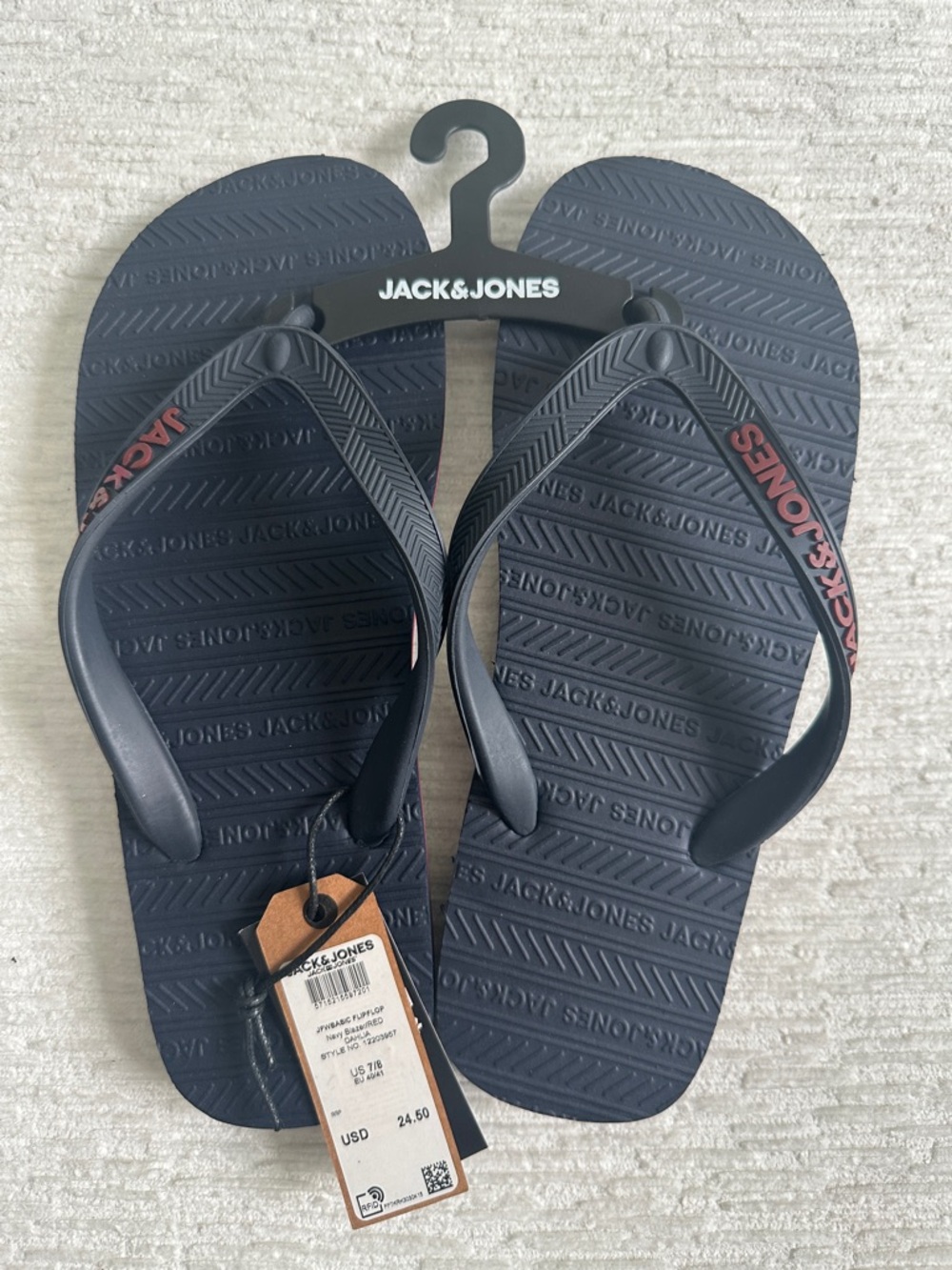 Jack & Jones Navy Blue Flip Flops with Red Logo Accents